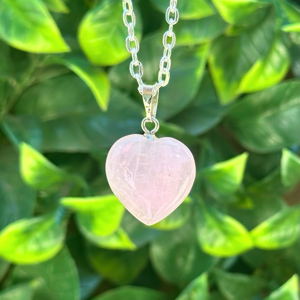 Authentic Rose Quartz Polished Heart Pendant with 24 inch Necklace Crystals